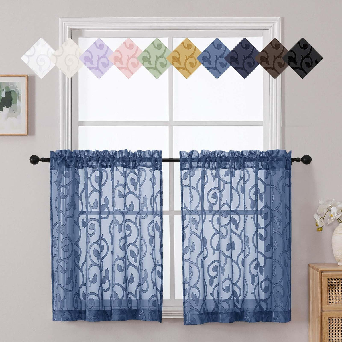 Dusty Blue Sheer Curtains for Bedroom Living Room 72 Inches Long 2 Panels Set, Soft Airy Geometric Jacquard Clip Curtains Drapes, Modern Rod Pocket Door Curtain, 2Pcs Each 42" Wx72 L Inch