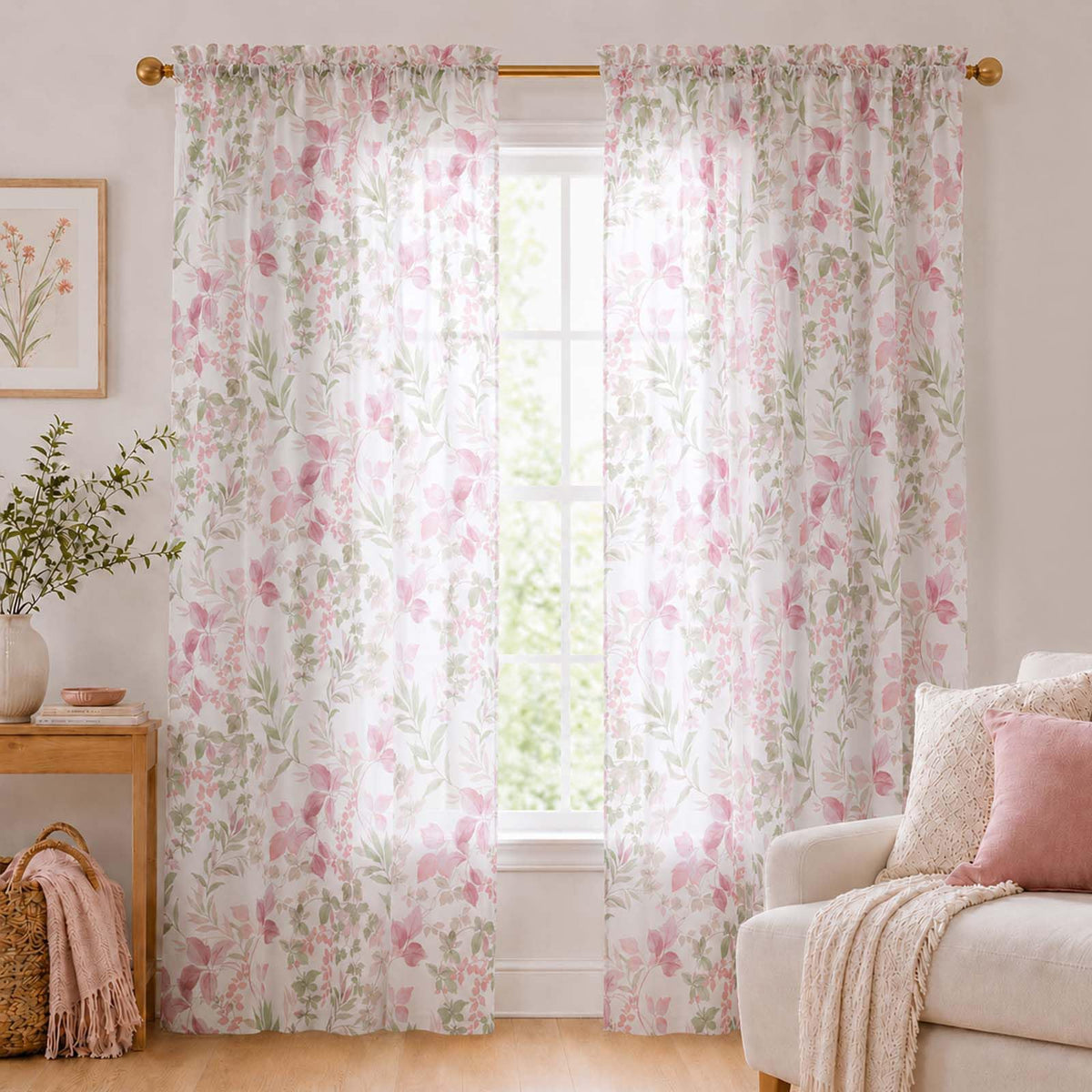 OWENIE Crushed Sheer Curtains 63 Inch Length 2 Panels Set, Sheer Floral Curtians with Printed Leaves Design, Printing Drapes for Living Room, Rod Pocket Light Filtering Window Sheers 42" W x 63" L