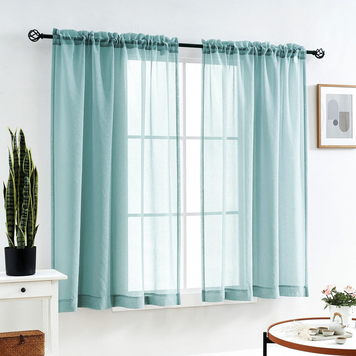 MYSTIC-HOME Sheer Curtains White 63 Inch Length, Rod Pocket Voile Drapes for Living Room, Bedroom, Window Treatments Semi Crinkle Curtain Panels for Yard, Patio, Villa, Parlor, Set of 2, 52"x 63"