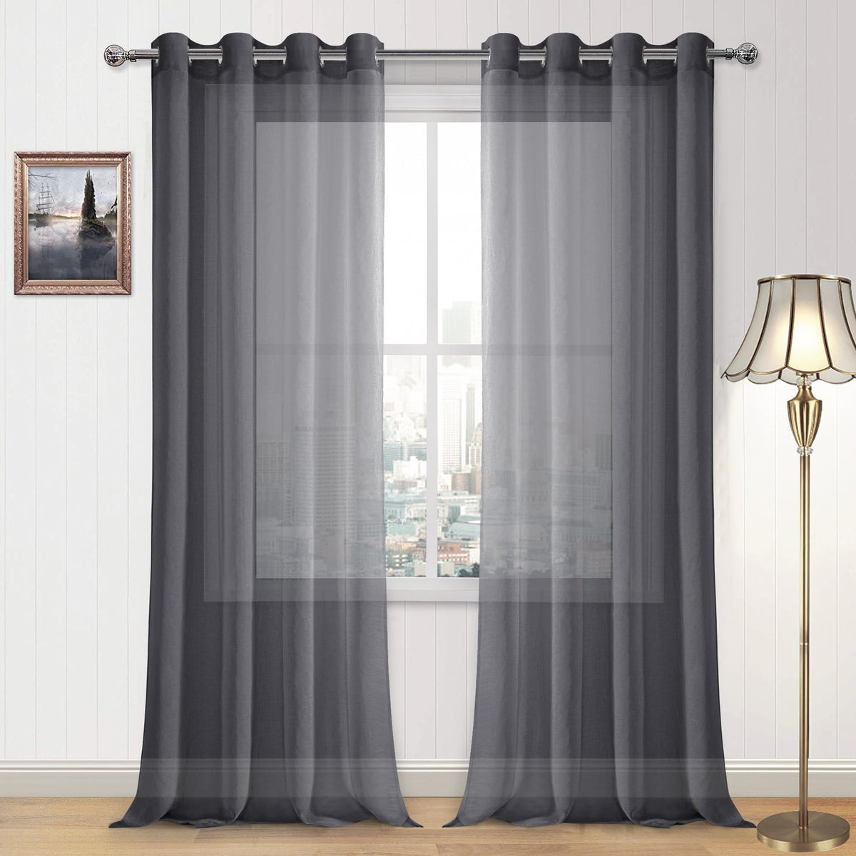 DWCN White Sheer Curtains Linen Look Semi Transparent Voile Grommet White Curtains for Living Dining Room Drapes 52 x 84 Inch Long, Set of 2 Panels