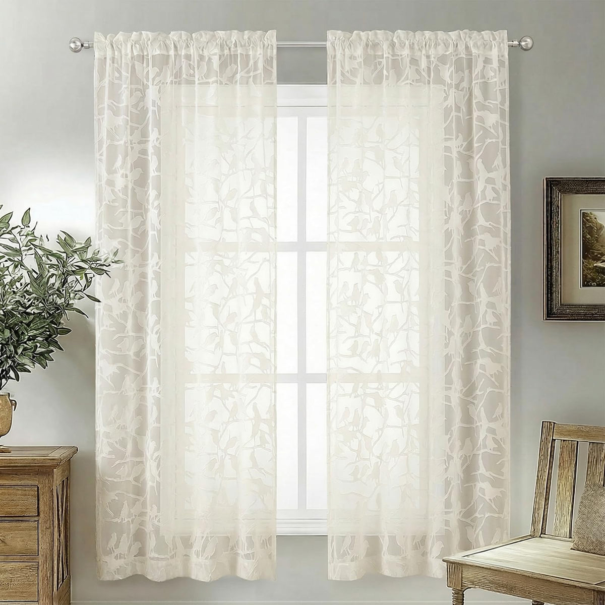OVZME Sage Green Sheer Curtains 63 Inch Length 2 Panel Set, Light Filtering Bedroom Curtains with Dual Rod Pocket Top, Leaf Bird Clip Jacquard Sheer Farmhouse Window Drapes for Living Room, 2x38Wx63L