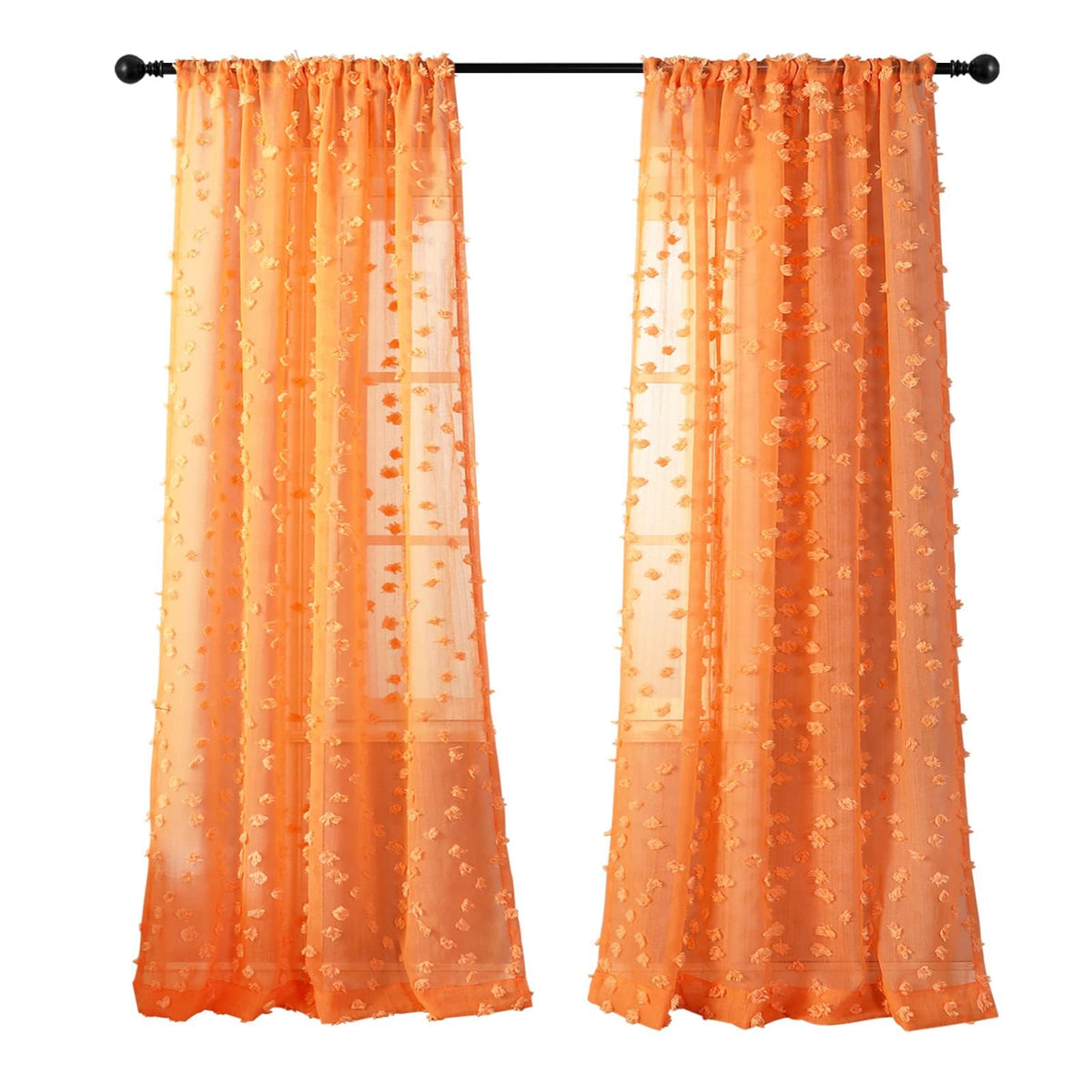 MYSKY HOME Beige Boho Sheer Curtains with Cream Pom Pom 50Wx84L,2 Panels