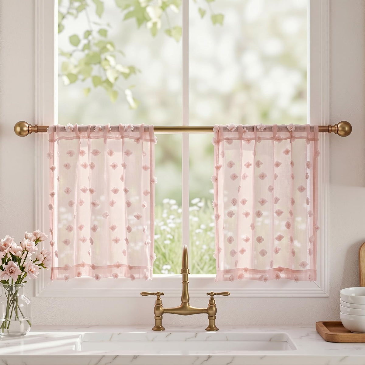 MYSKY HOME Beige Boho Sheer Curtains with Cream Pom Pom 50Wx84L,2 Panels