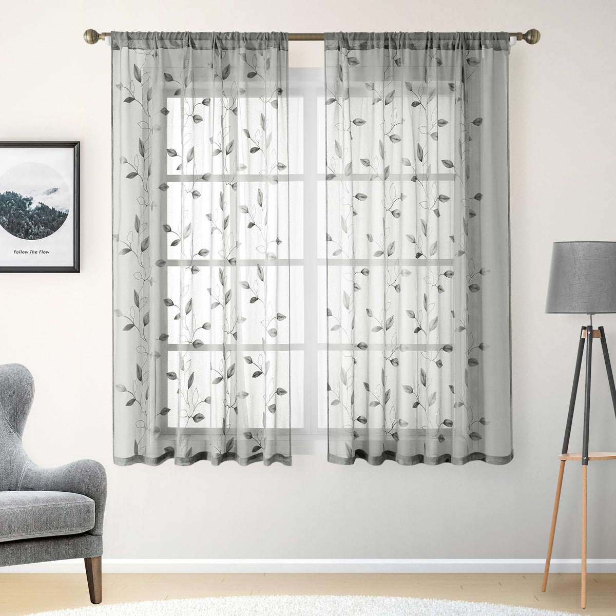 HOMEIDEAS Sage Green Sheer Curtains Leaf Embroidered, 52x84 Inch, 2 Panels