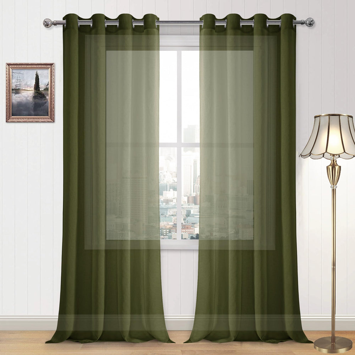 DWCN White Sheer Curtains Linen Look Semi Transparent Voile Grommet White Curtains for Living Dining Room Drapes 52 x 84 Inch Long, Set of 2 Panels