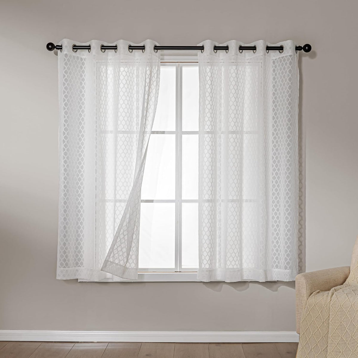 Amazon Basics Lace Sheer Curtains for Living Room and Bedroom, 2-Panel Set with Grommet, 42" W × 63" L, White Cloverleaf