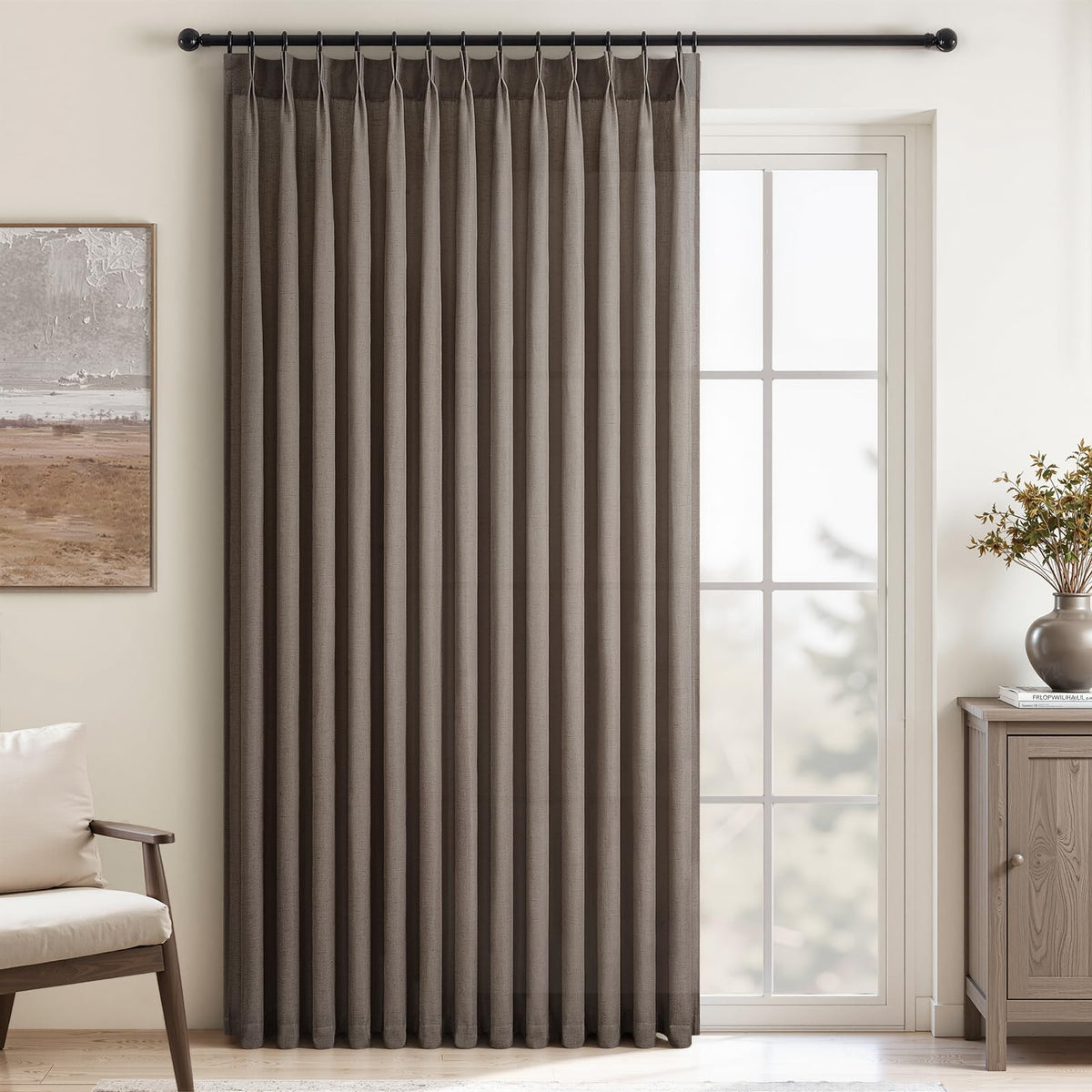 96 Inches Long Pinch Pleated Semi Sheer Curtains,Natural Linen Blended Light Filtering Window Curtains 96 Length 2 Panels for Living Room Bedroom Pinch Pleat Drapes with Hooks 2 Panels 40" Wx96 L