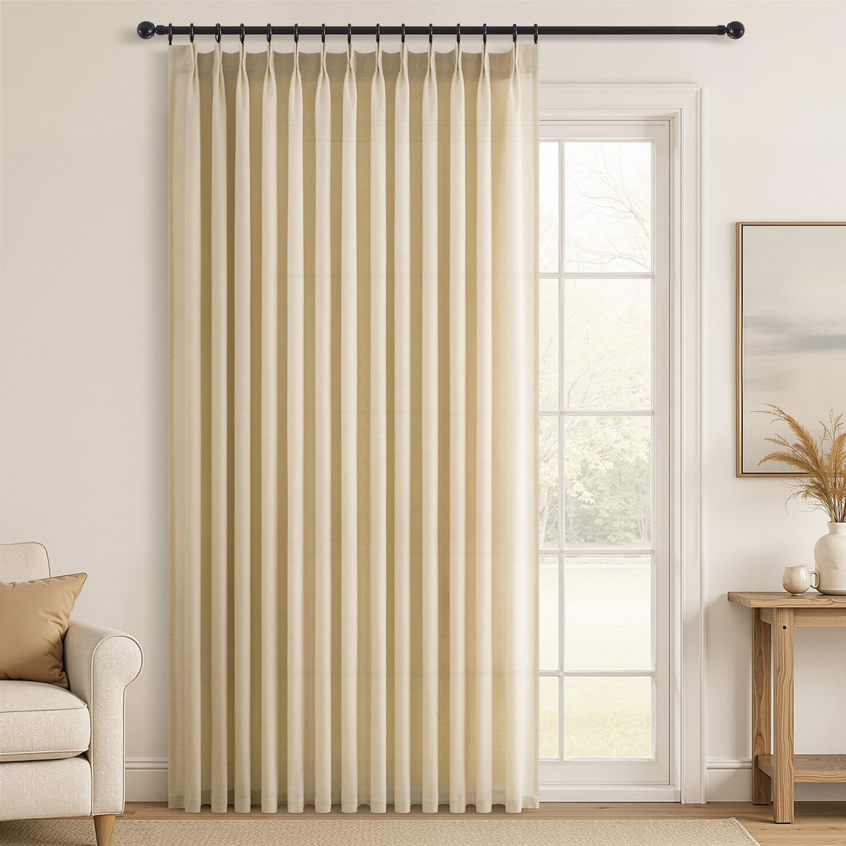 96 Inches Long Pinch Pleated Semi Sheer Curtains,Natural Linen Blended Light Filtering Window Curtains 96 Length 2 Panels for Living Room Bedroom Pinch Pleat Drapes with Hooks 2 Panels 40" Wx96 L