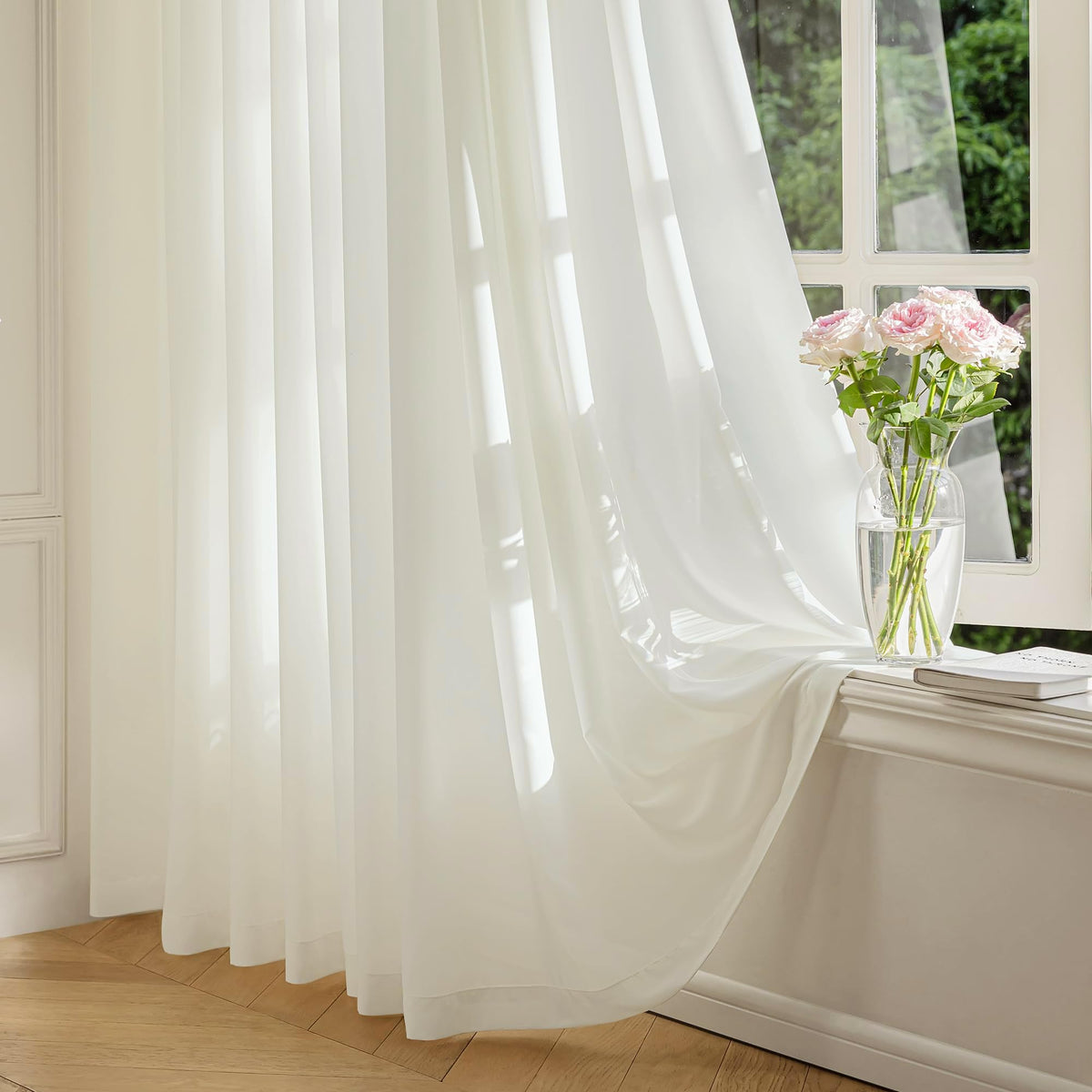FMFUNCTEX Cream Sheer Curtains, 90 Inch, Rod Pocket, 2 Panels for Bedroom