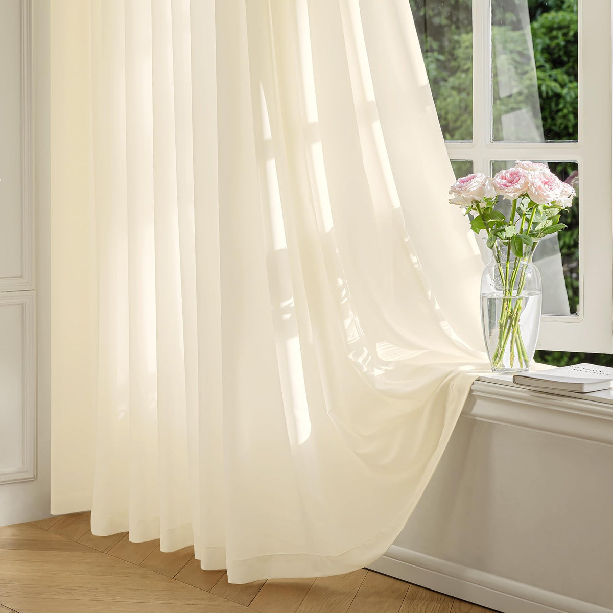 FMFUNCTEX Cream Sheer Curtains, 90 Inch, Rod Pocket, 2 Panels for Bedroom