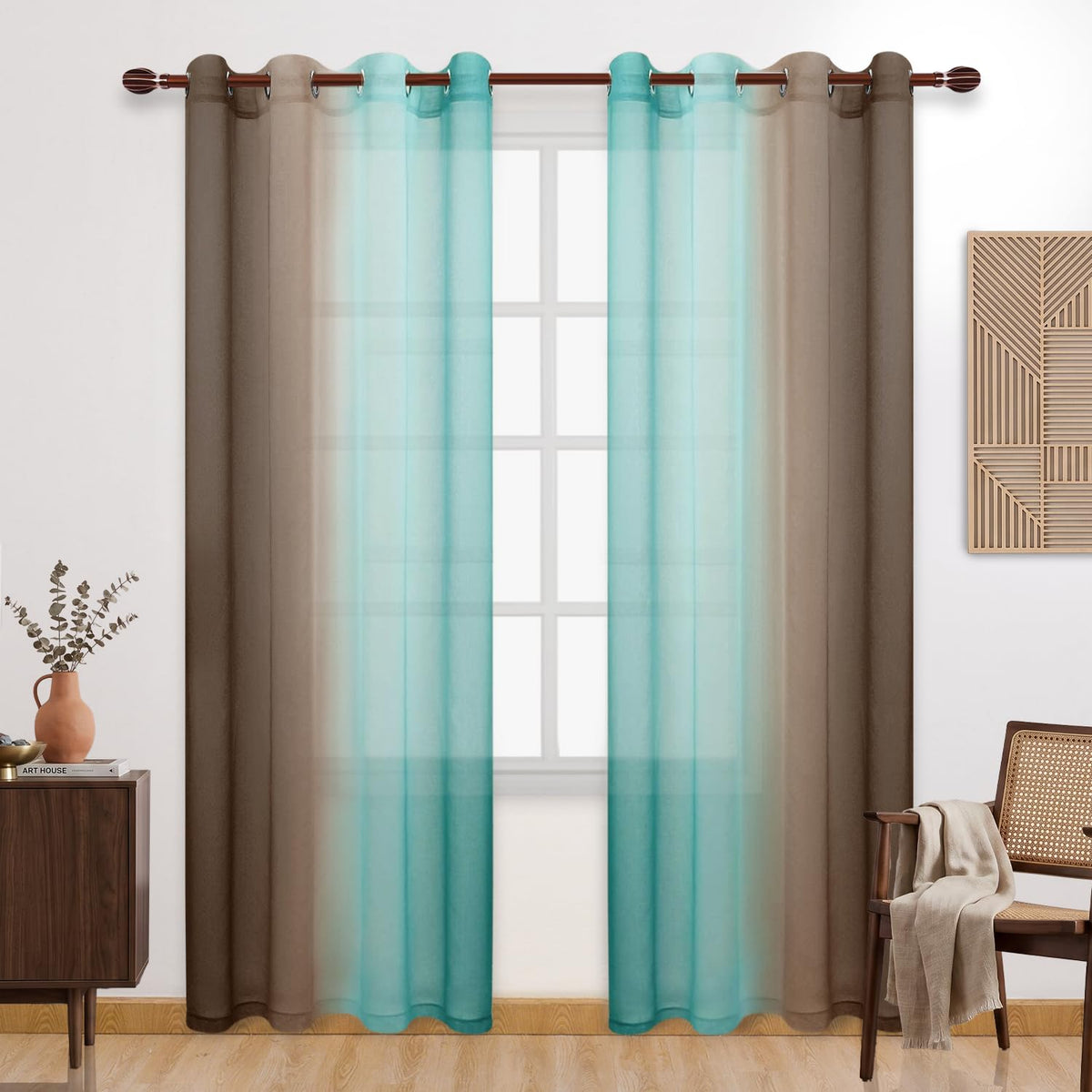 DWCN Blue Linen Ombre Sheer Curtains - Semi Voile Gradient Grommet Top Curtains for Bedroom and Living Room, Set of 2 Window Curtain Panels, 52 x 84 Inches Long, Denim Blue