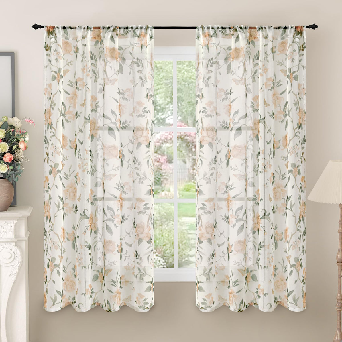 Lajode Pink Floral Sheer Curtains for Girls Room - 52x84 Inch 2 Panels