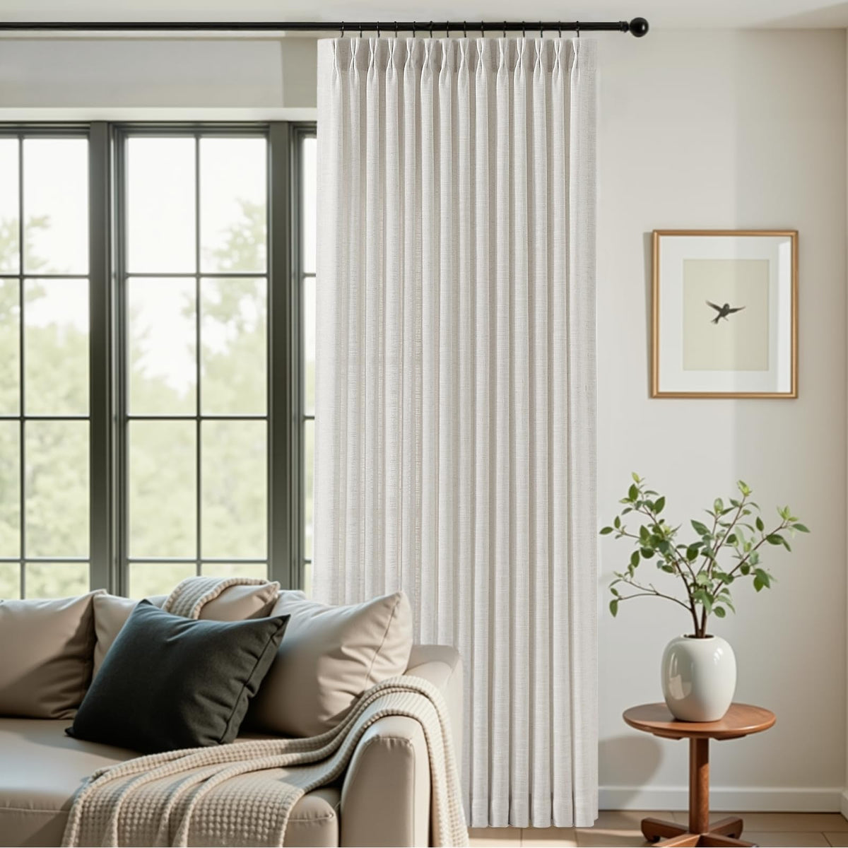 Pinch Pleated Linen Curtains 96 Inches Semi Sheer Light Filtering, 2 Panels