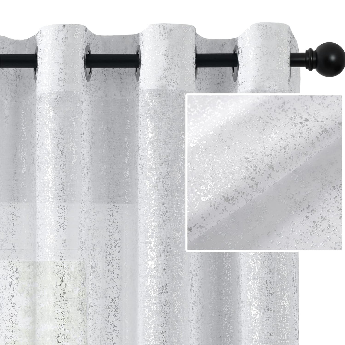 Silver Grey Sheer Curtains with Foil Dots, Grommet, 2 Panels 52 x 84 Inch