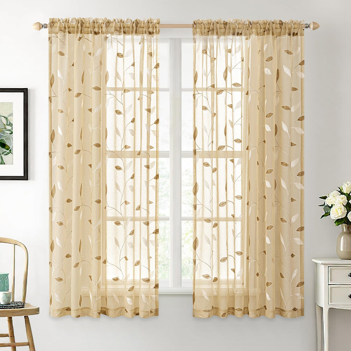 MIULEE Beige Sheer Curtains 2 Panels Embroidered Leaf Patterned, W52 x L84
