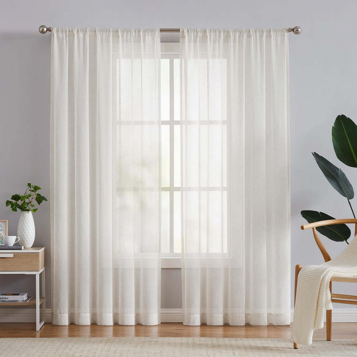 FMFUNCTEX Beige Linen Pinch Pleated Sheer Curtains, 96 Inches, 2 Panels