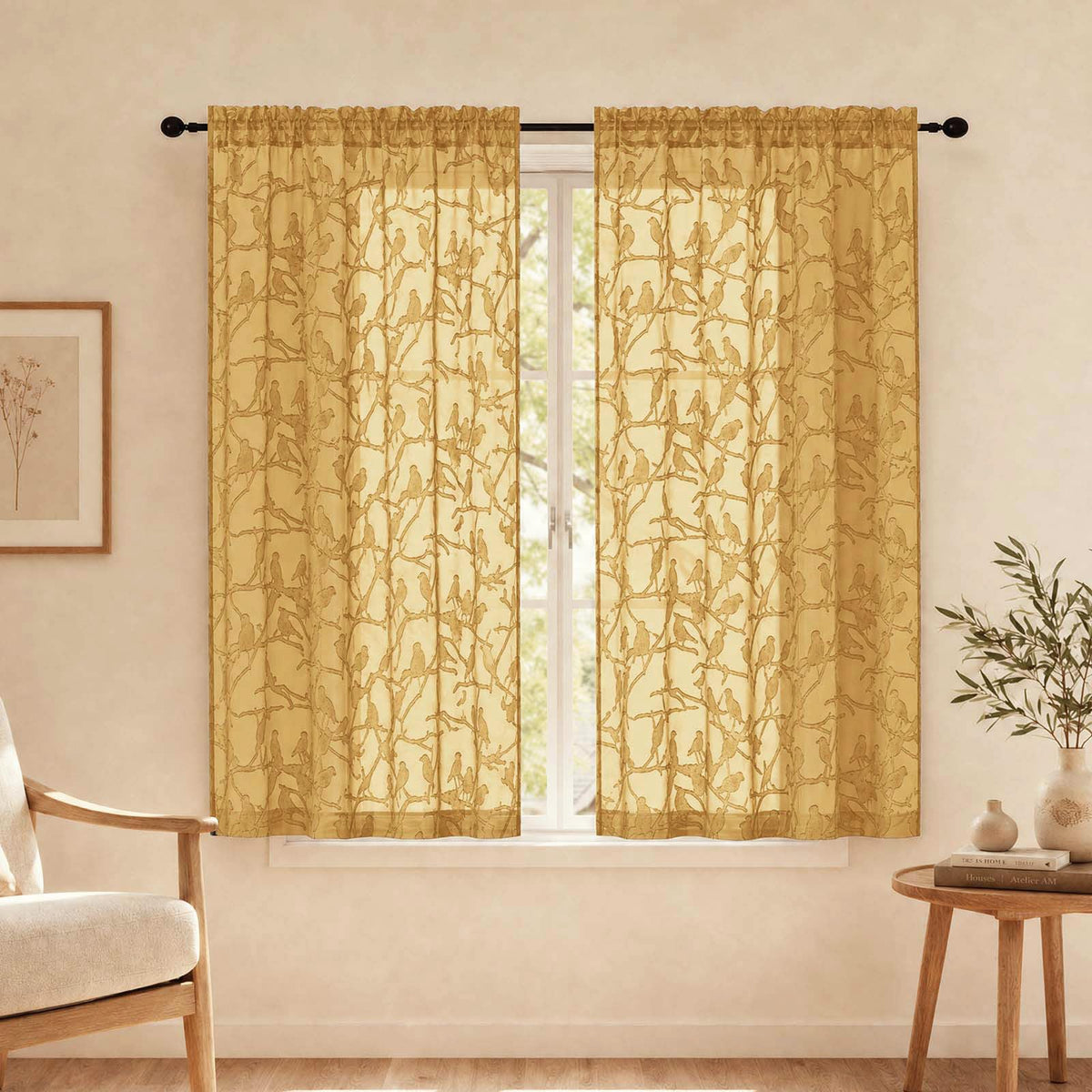 OVZME Sage Green Sheer Curtains 63 Inch Length 2 Panel Set, Light Filtering Bedroom Curtains with Dual Rod Pocket Top, Leaf Bird Clip Jacquard Sheer Farmhouse Window Drapes for Living Room, 2x38Wx63L