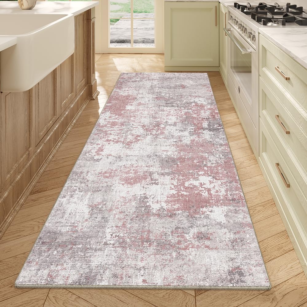 8x10 Pink Gray Washable Area Rug for Living Room, Vintage Print