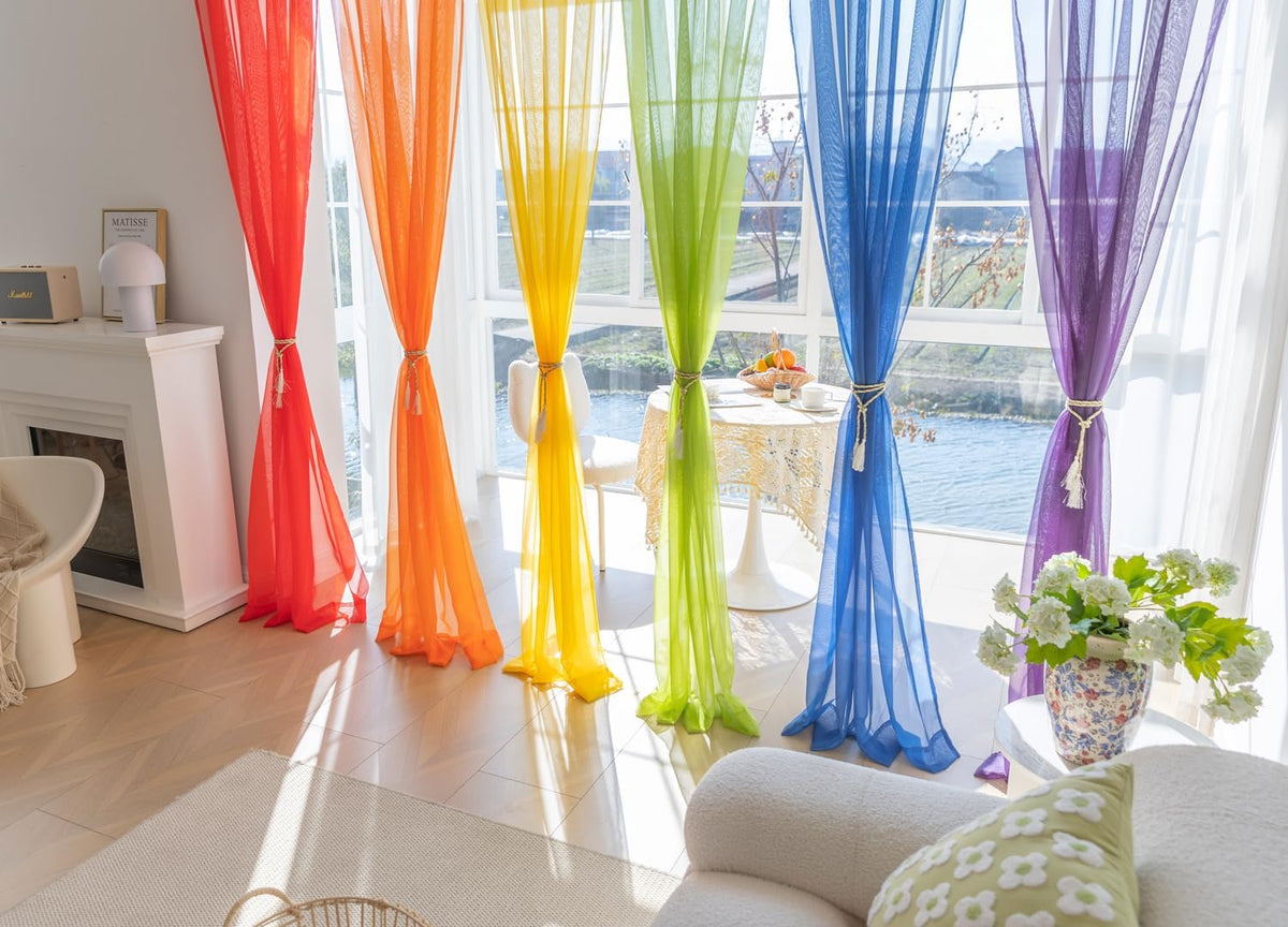 6 Piece Rainbow Sheer Window Panel Colorful Backdrop Bright Curtains Set for Playroom, Nurseries, Bedroom & more Lime, Orange, Red, Purple, Bright Yellow, Navy drapes- 84 inch Long Panels