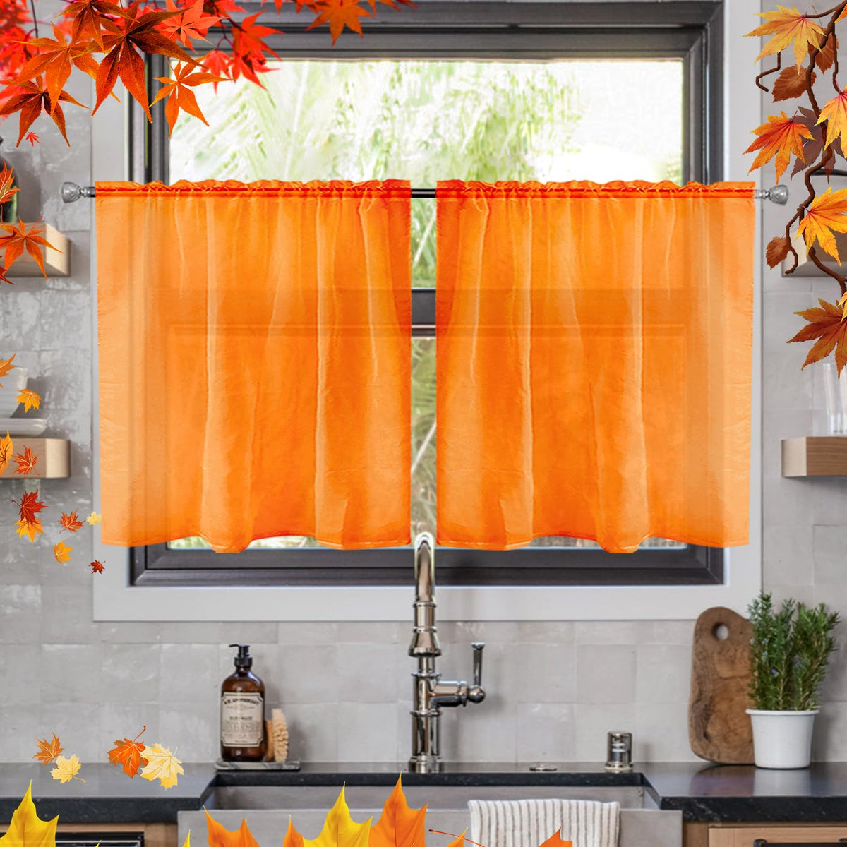 youleyar Solid Sheer Rod Pocket Curtain Voile Draperies 2 Panels White Beige Black Grey Coffee 52 Inch Width 84 Inch Long 1 Pair for Kitchen Bedroom Children Living Room Yard (Orange,52Wｘ84L)
