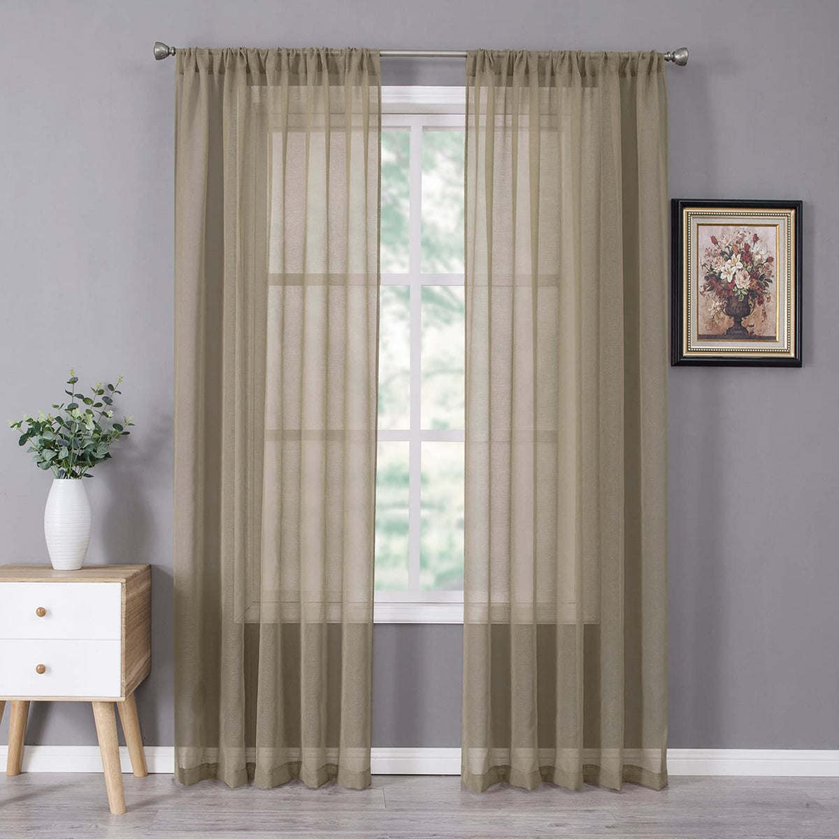 Tollpiz Sheer Curtains Linen Textured Bedroom Curtain Sheers Light Filtering Rod Pocket Voile Curtains for Living Room, 54 x 63 inches Long, White, Set of 2 Panels