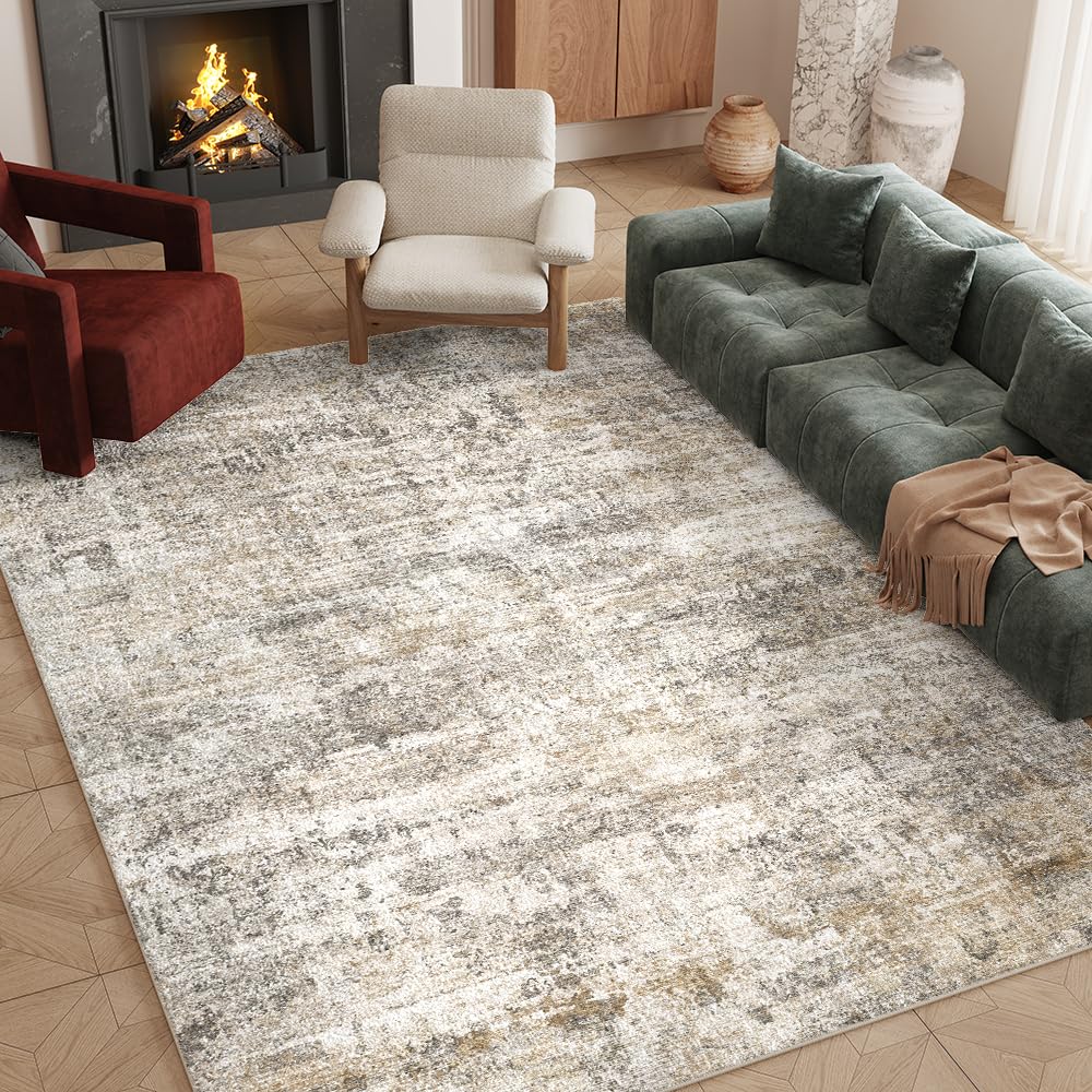 8x10 Pink Gray Washable Area Rug for Living Room, Vintage Print