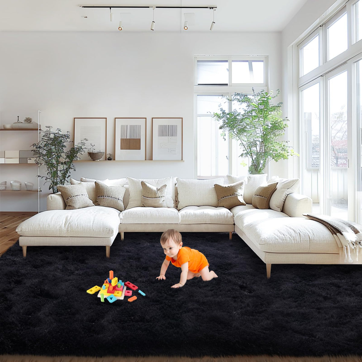 Mugorn 8x10 Area Rugs for Living Room, Large Fluffy Black Rugs for Bedroom