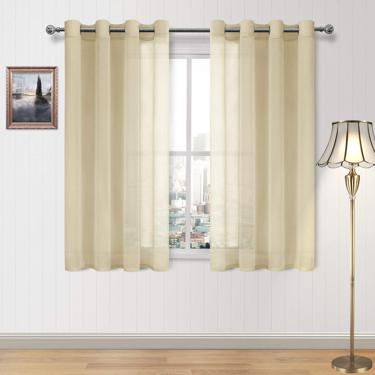 DWCN White Sheer Curtains Linen Look Semi Transparent Voile Grommet White Curtains for Living Dining Room Drapes 52 x 84 Inch Long, Set of 2 Panels