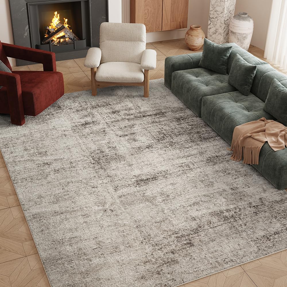 8x10 Pink Gray Washable Area Rug for Living Room, Vintage Print