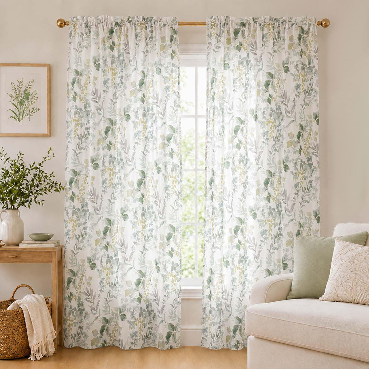 OWENIE Crushed Sheer Curtains 63 Inch Length 2 Panels Set, Sheer Floral Curtians with Printed Leaves Design, Printing Drapes for Living Room, Rod Pocket Light Filtering Window Sheers 42" W x 63" L