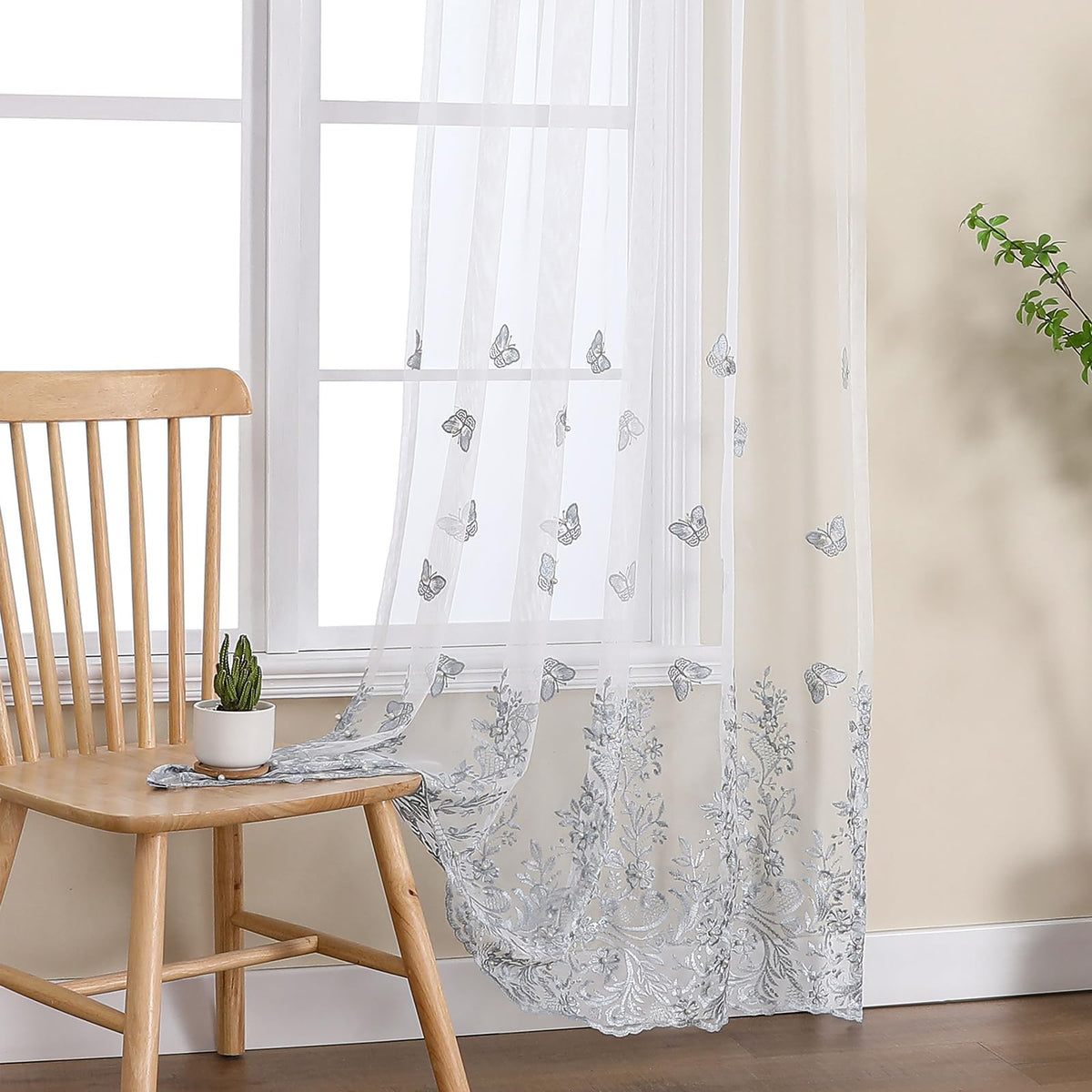 VISIONTEX Sheer Curtains Boho Leaf Floral Embroidered Cream Beige 54Wx84L
