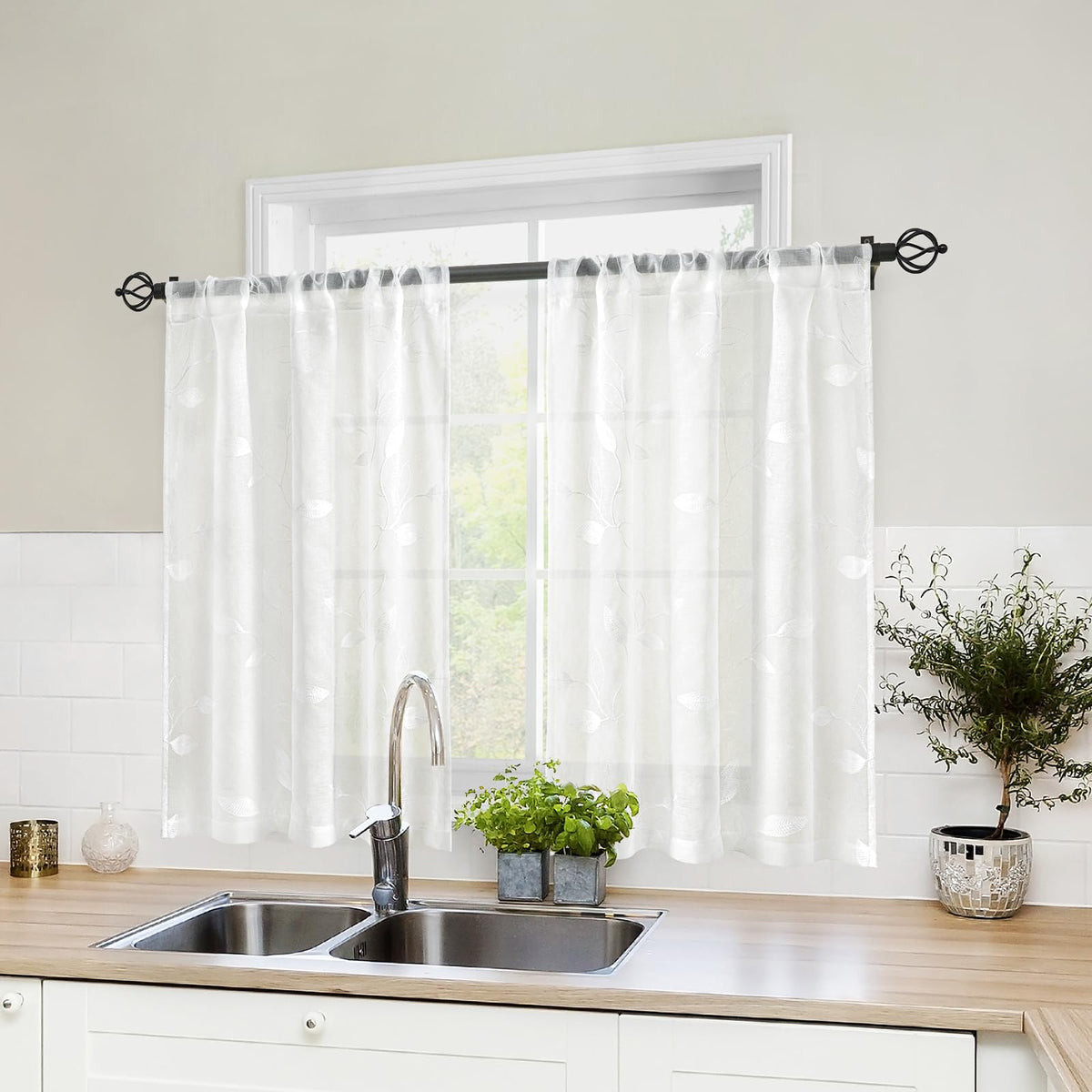 HOMEIDEAS Sage Green Sheer Curtains Leaf Embroidered, 52x84 Inch, 2 Panels