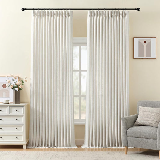 Pinch Pleated Linen Curtains 96 Inches Semi Sheer Light Filtering, 2 Panels