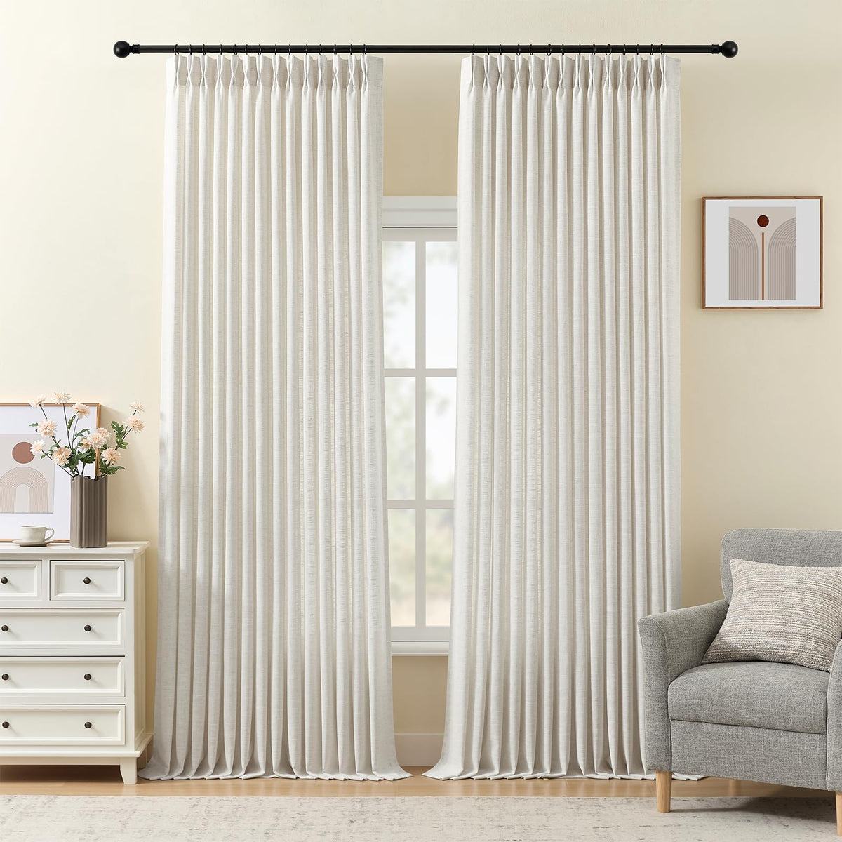 Pinch Pleated Linen Curtains 96 Inches Semi Sheer Light Filtering, 2 Panels