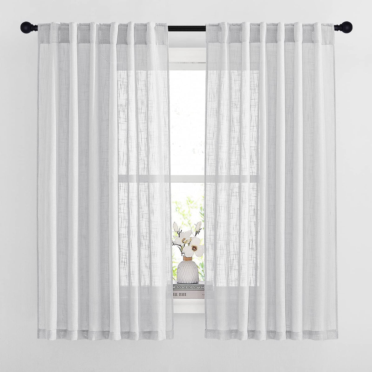 NICETOWN White Linen Sheer Curtains and Drapes 84 inches Long, Rod Pocket & Back Tab semitransparent with Light Through Vertical Window Treatments for Sliding Glass Door & Living Room, 52"W, Set of 2