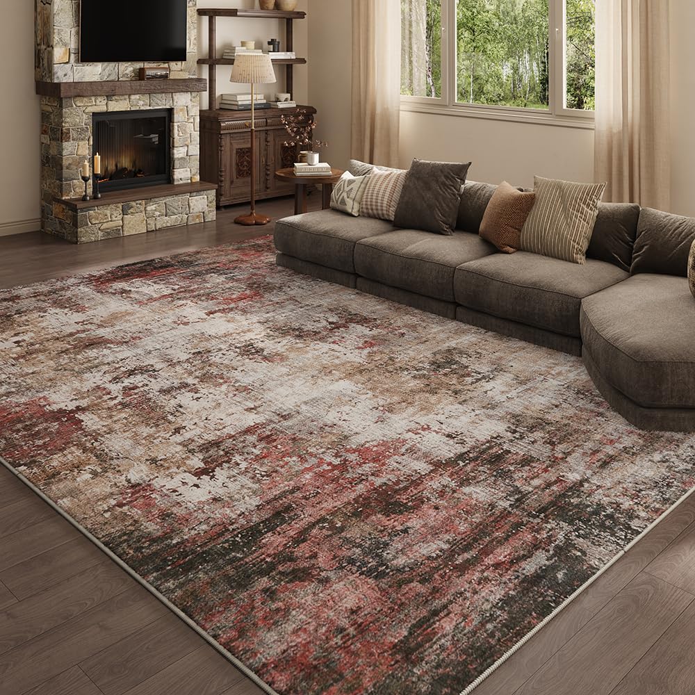 8x10 Pink Gray Washable Area Rug for Living Room, Vintage Print