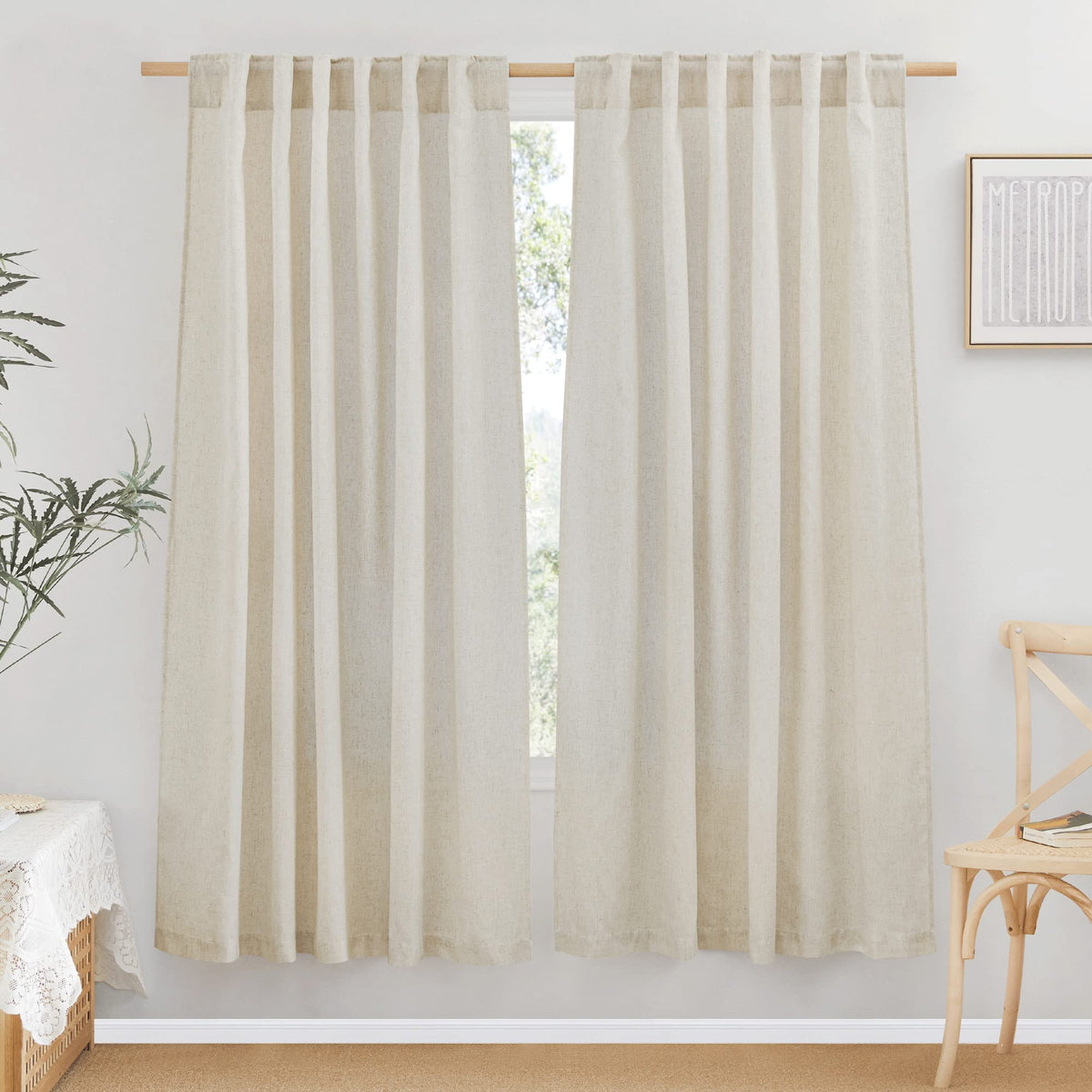 NICETOWN Natural Linen Curtains & Drapes for Windows 84 inch Long, Rod Pocket & Back Tab Thick Flax Semi Sheer Privacy Assured with Light Filtering for Bedroom/Living Room, W55 x L84, 2 Pieces