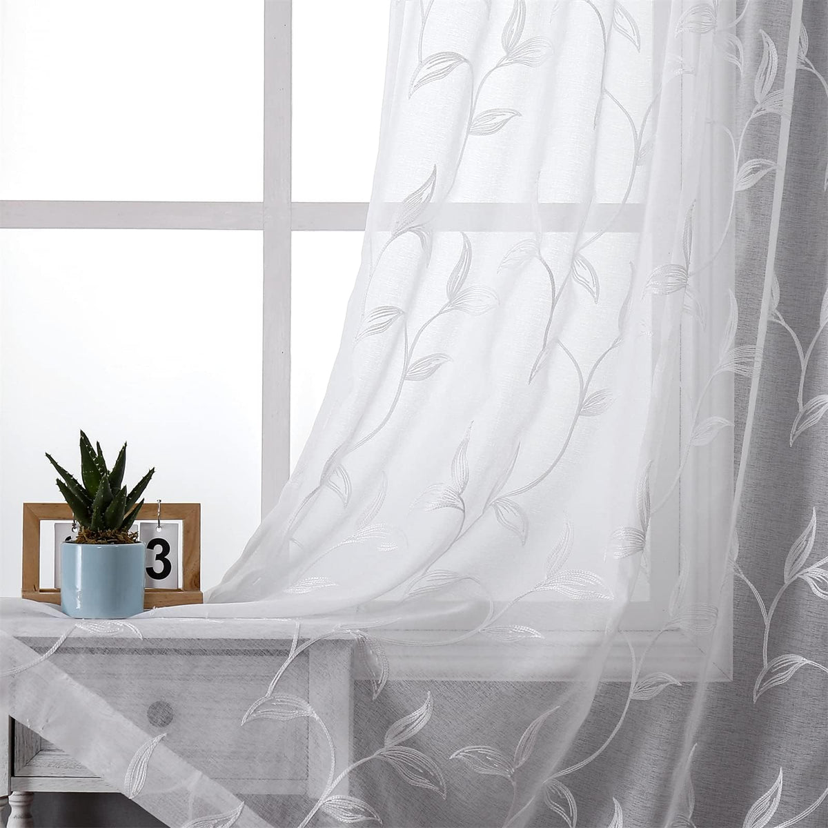 VISIONTEX Sheer Curtains Boho Leaf Floral Embroidered Cream Beige 54Wx84L