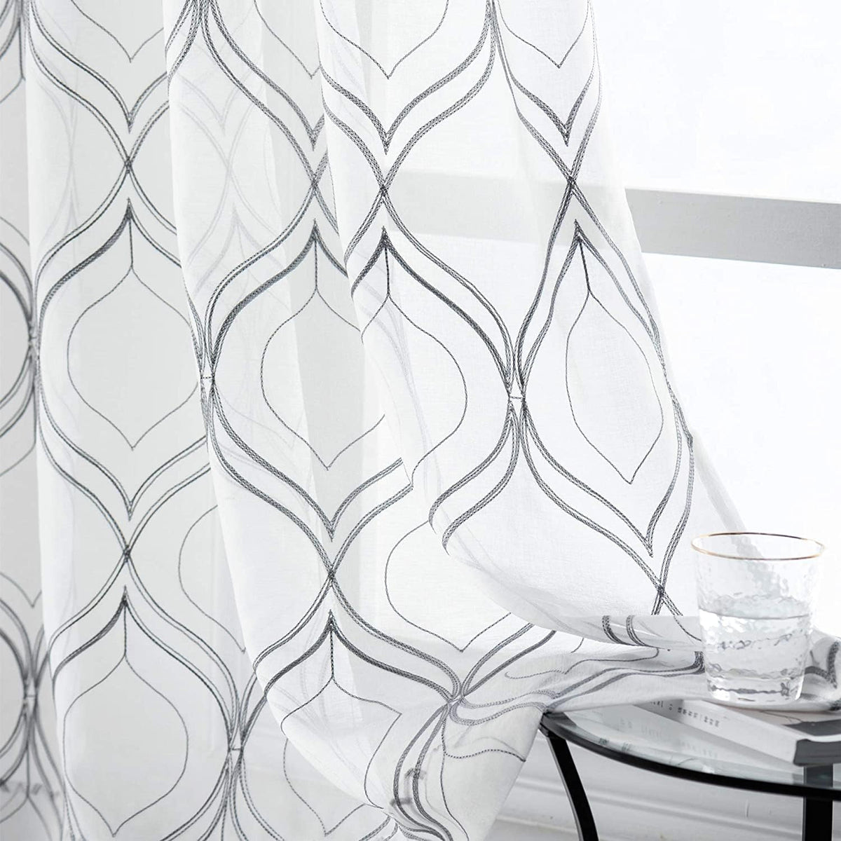 VISIONTEX White Sheer Curtains Grey Moroccan Embroidered 63 Inch Length