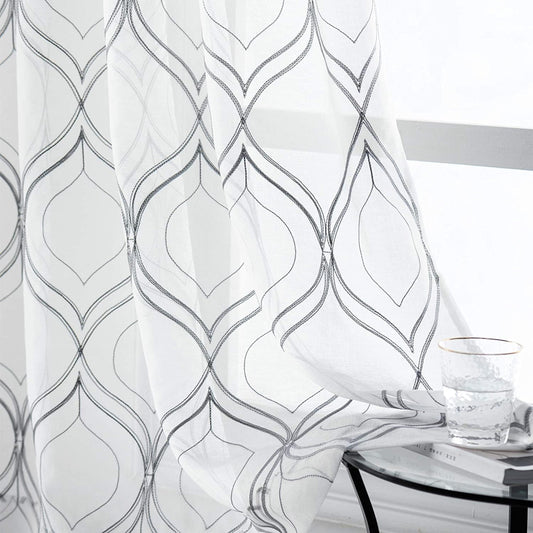VISIONTEX White Sheer Curtains Grey Moroccan Embroidered 63 Inch Length