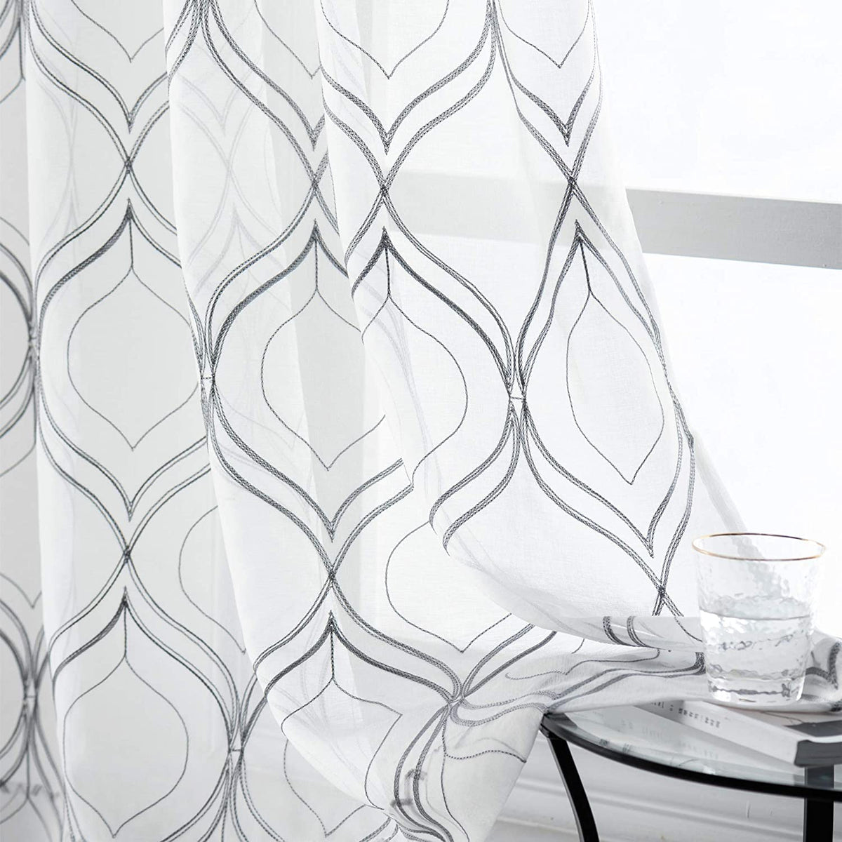 VISIONTEX White Sheer Curtains Grey Moroccan Embroidered 63 Inch Length