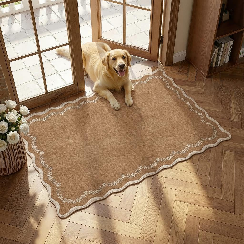GarveeHome 5x7 Scalloped Area Rug Jute Washable Bedroom Living Room Rug
