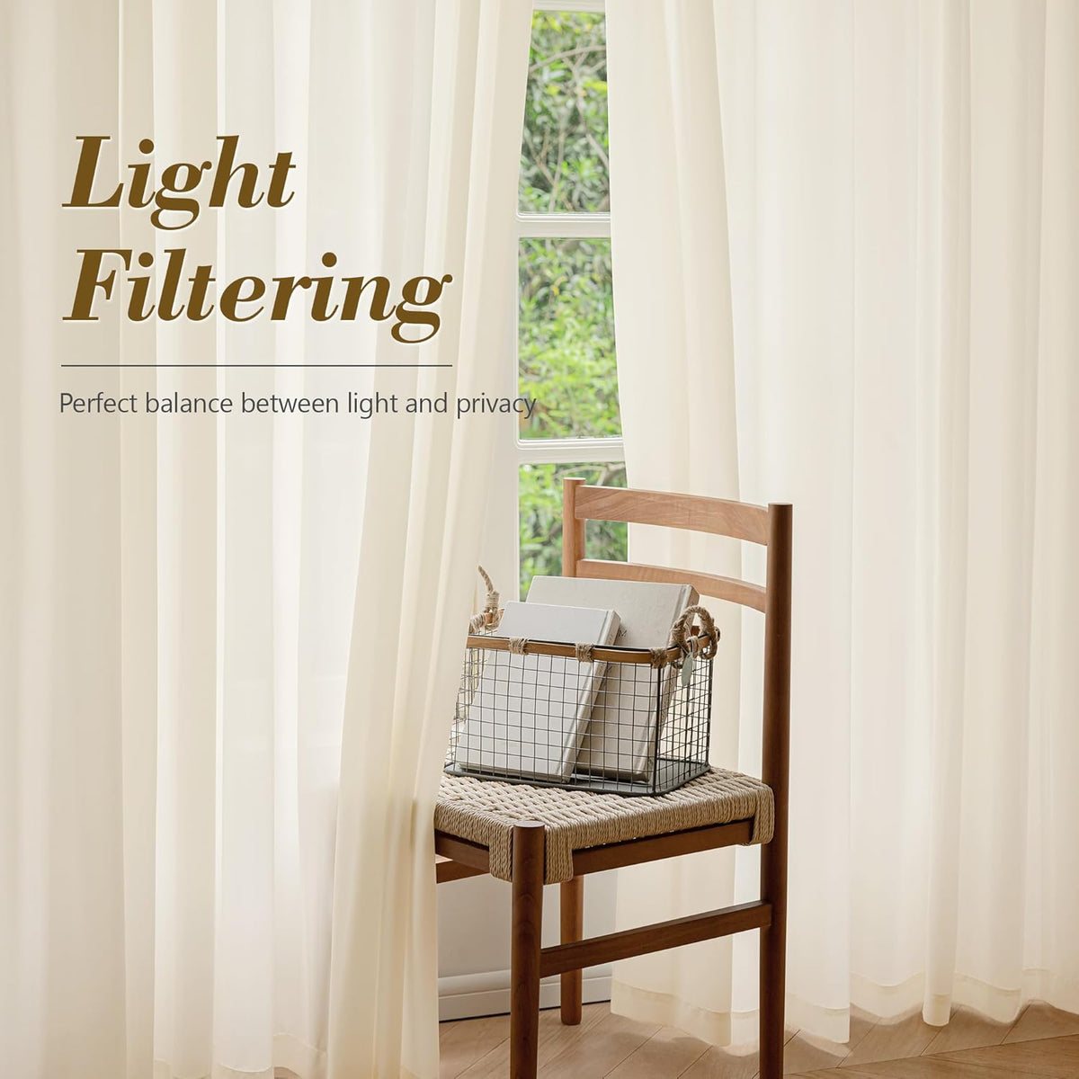 FMFUNCTEX Cream Sheer Curtains, 90 Inch, Rod Pocket, 2 Panels for Bedroom