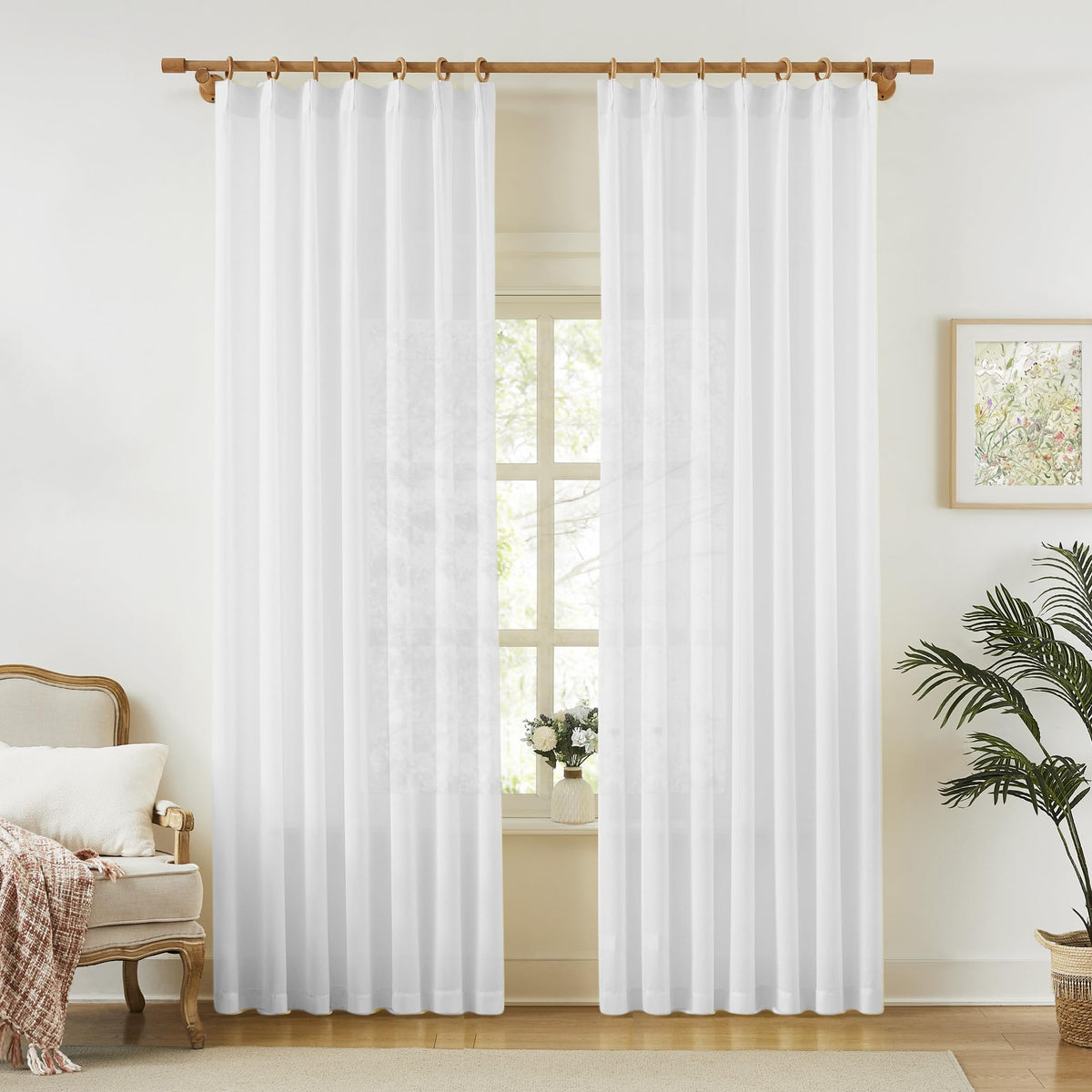 KangBang White Pinch Pleated Sheer Curtains 84 Inches Long 2 Panels