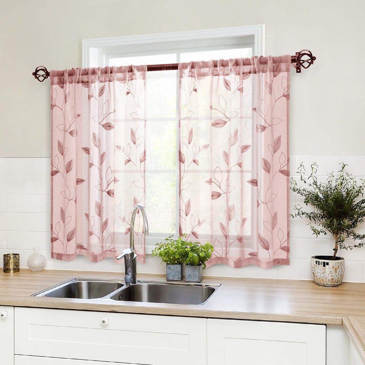 HOMEIDEAS Sage Green Sheer Curtains Leaf Embroidered, 52x84 Inch, 2 Panels