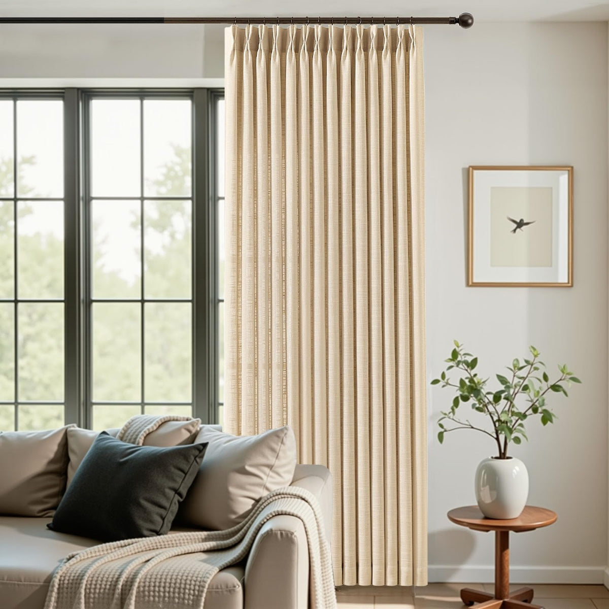Pinch Pleated Linen Curtains 96 Inches Semi Sheer Light Filtering, 2 Panels