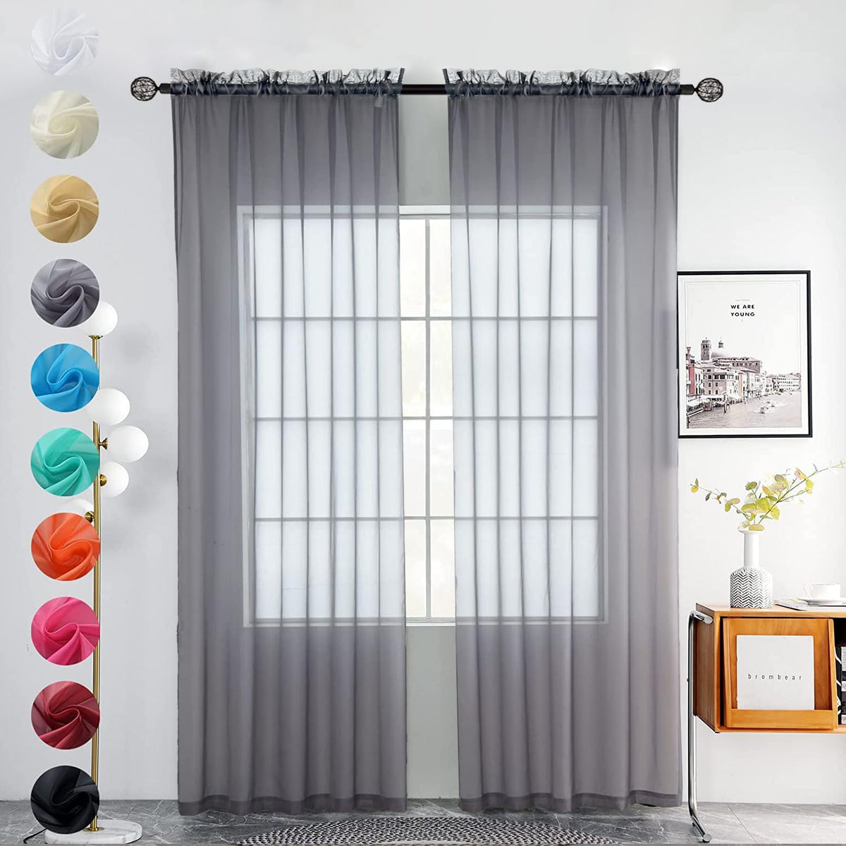 youleyar Solid Sheer Rod Pocket Curtain Voile Draperies 2 Panels White Beige Black Grey Coffee 52 Inch Width 84 Inch Long 1 Pair for Kitchen Bedroom Children Living Room Yard (Orange,52Wｘ84L)