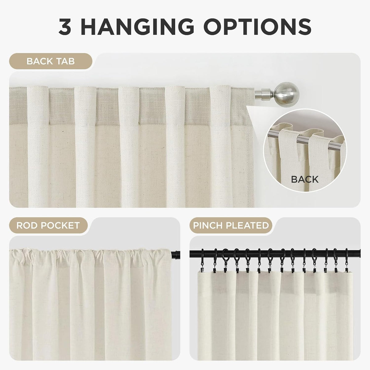 Joydeco Linen Curtains for Living Room,Light Filtering Rod Pocket Back Tab Semi Sheer Drapes Window Long Curtains 90 inches Long Ivory