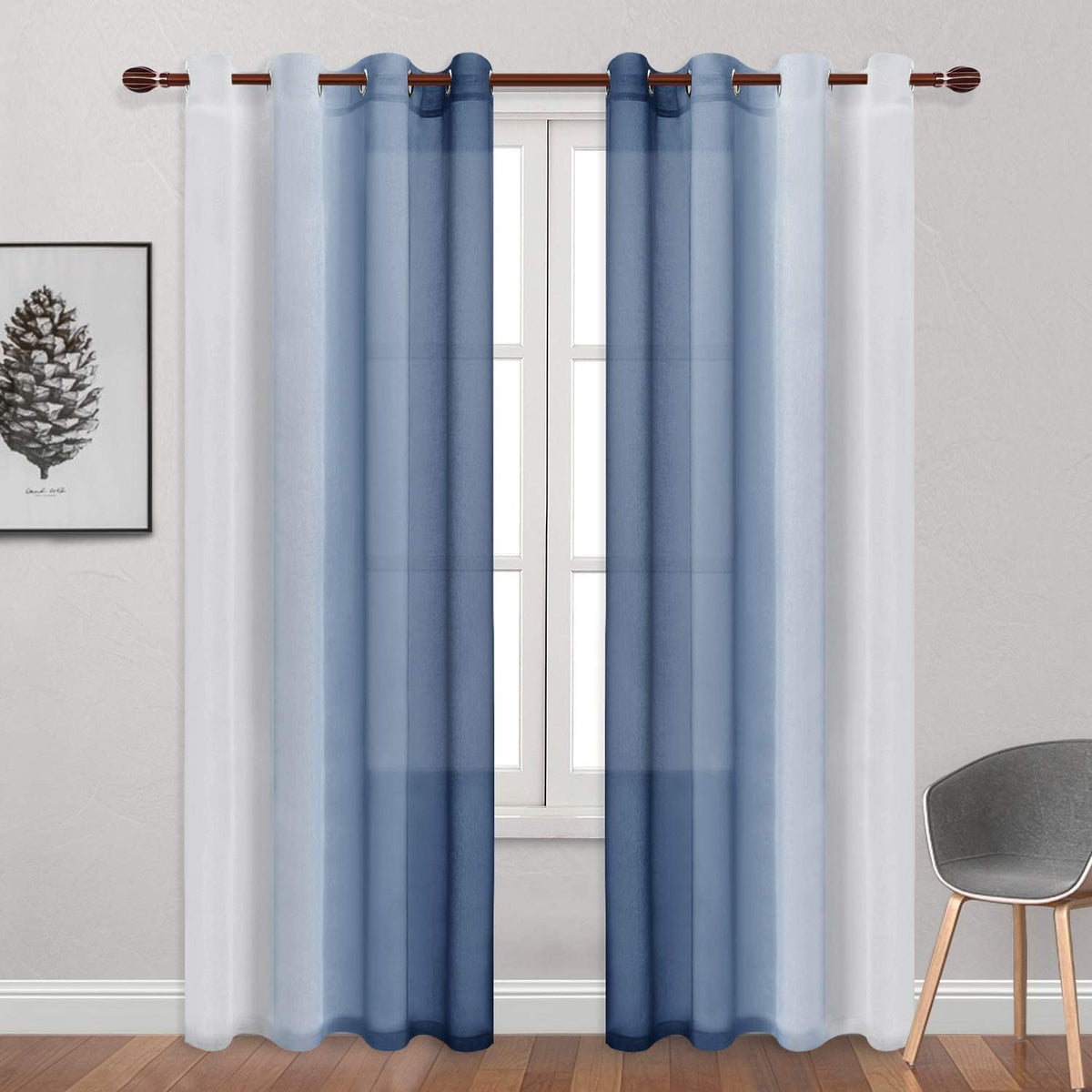 DWCN Blue Linen Ombre Sheer Curtains - Semi Voile Gradient Grommet Top Curtains for Bedroom and Living Room, Set of 2 Window Curtain Panels, 52 x 84 Inches Long, Denim Blue