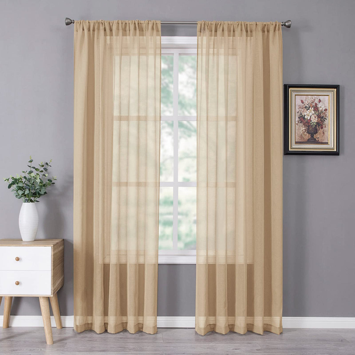 Tollpiz Sheer Curtains Linen Textured Bedroom Curtain Sheers Light Filtering Rod Pocket Voile Curtains for Living Room, 54 x 63 inches Long, White, Set of 2 Panels
